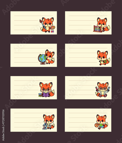 Notebook labels with cute foxes. Colorful vector design. Cute cartoon foxes in various activities