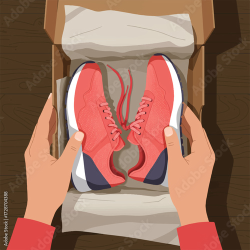 Hands Carefully Unboxing Brand New Vibrant Fitness Sneakers from Shoebox - Flat 2D Vector for New Product Excitement and Purchase