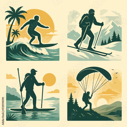 Action Sports Quad Set — Surfing, Skiing, SUP, Paragliding Adventure Montage (Vector)