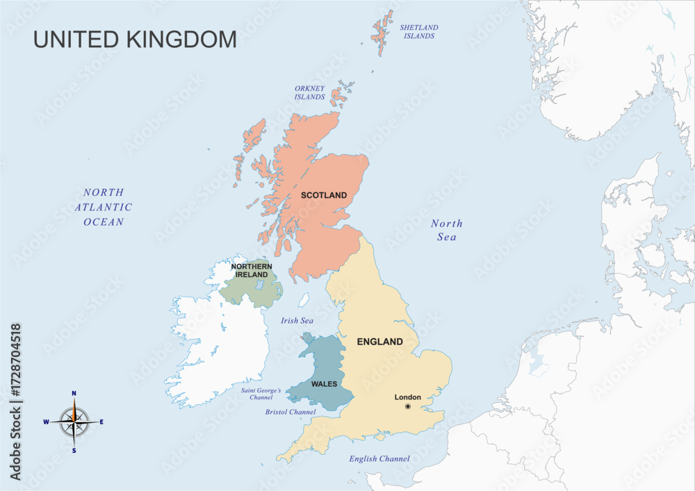 Fototapeta premium UK Map with Soft Colored States Borders, Map of United Kingdom on Pastel Blue Background