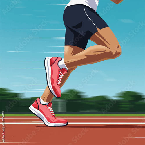 Runner's Legs in Mid-Stride with New Vibrant Fitness Sneakers on Outdoor Track - Flat 2D Vector for Dynamic Movement and Sport