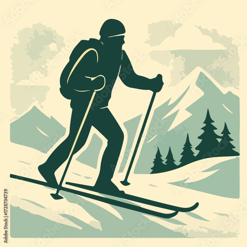 Cross-Country Skier in Winter Mountains — Nordic Trekking Adventure Poster (Vector)