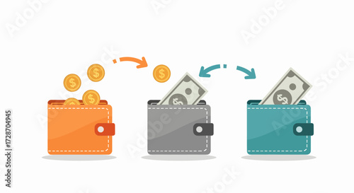 Concept of money transfer and financial transactions with wallets, coins, and banknotes.