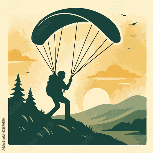 Paraglider Launch at Golden Sunset — Adventure Travel Landscape Poster (Vector)