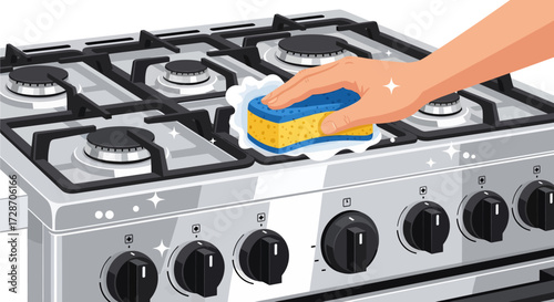 Close-up illustration of a person cleaning a shiny stainless steel gas stove with a sponge.