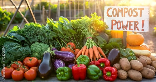 Freshly Harvested Vegetables and Sign Promoting Compost Power for Sustainable Gardening