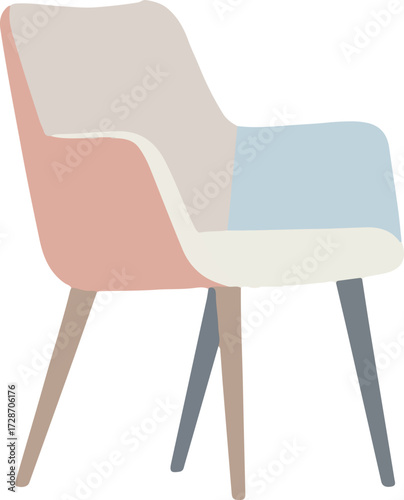 Colorful patchwork chair with wooden legs on a white background in a flat lay composition with pastel tones.