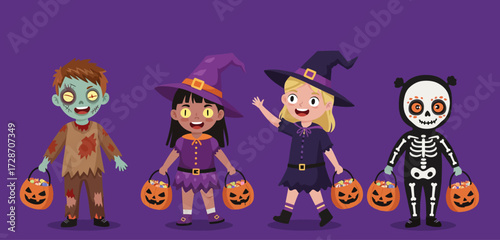 set of funny cartoon girls on trick or treat halloween event