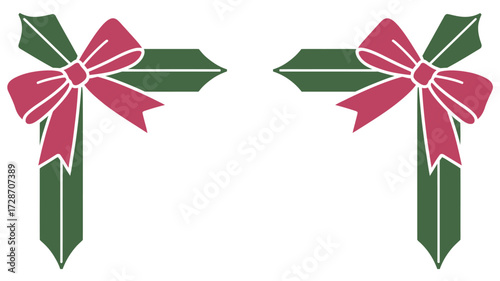 Two christmas corners with holly leaves and pink bows isolated on white background for festive decoration