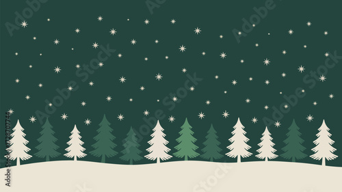 A winter scene with christmas trees and falling snow on a dark green background in a cartoon style