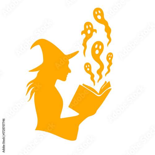 Vector Art Halloween 2025 witch opening a glowing book with spirits flying out like pages 