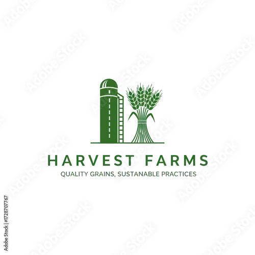 Harvest Farms Logo with Green Silo and Wheat Sheaf representing Quality Grains and Sustainable Agriculture, Flat Vector Elements, Vector Illustration, Simple Vector, Stylized Vector Drawing, Vector