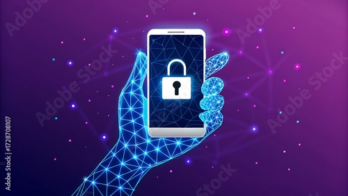 Digital hand holding smartphone with lock symbol for cybersecurity protection
