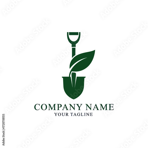 Green Shovel and Leaf Logo Design for Gardening, Landscaping, and Sustainable Business Branding on White Background - A Minimalist Vector Graphic Symbolizing Growth and Nature, Flat Vector Elements,
