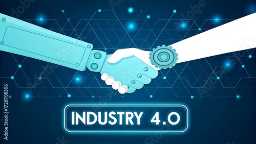 Robotic and human hand handshake symbolizing industry 4.0 and futuristic technology
