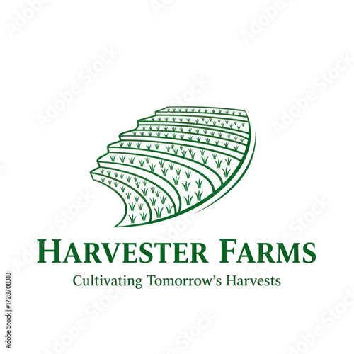 Harvester Logo: Stylized Green Terraced Fields with Crops and 'Cultivating Tomorrow' Tagline, Agriculture and Sustainable Farming Brand Identity, Flat Vector Elements, Vector Illustration, Simple