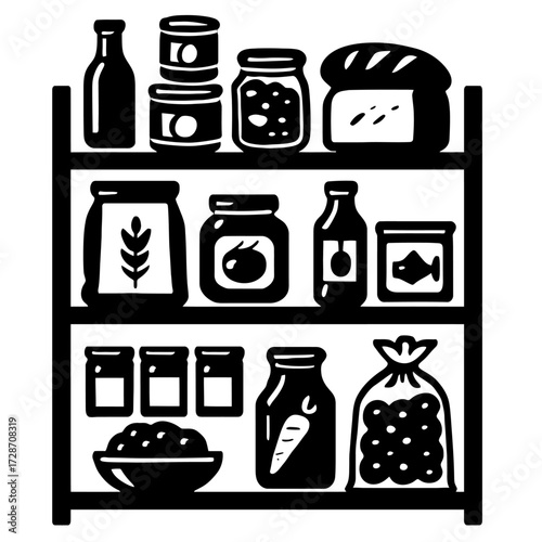 Organized Black and White Food Pantry with Canned Goods, Jars, and Groceries - Vector Illustration of Kitchen Storage