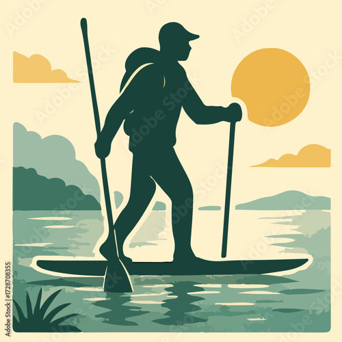 Stand Up Paddle Board at Sunset — SUP Water Sport Adventure Poster (Vector)