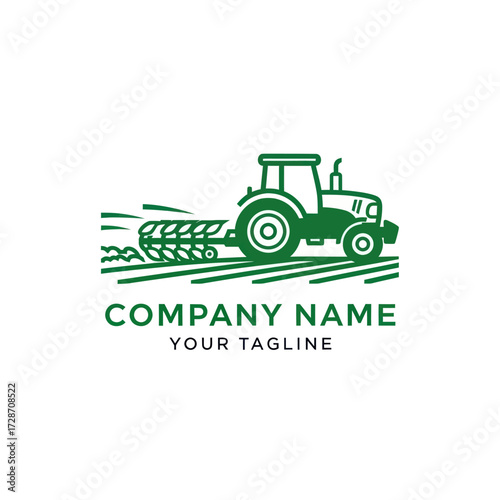 Green Minimalist Tractor Plowing Field Logo Design with Stylized Crop Rows, Representing Agriculture, Farming, and Rural Business Identity on an Isolated White Background., Flat Vector Elements,