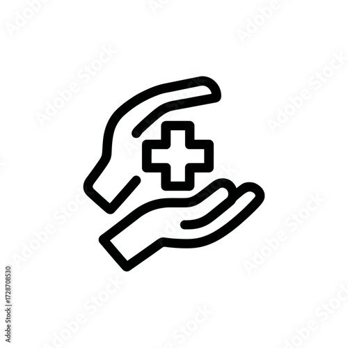 Stylized icon depicts two hands cradling a plus symbol, rendered in bold, black lines