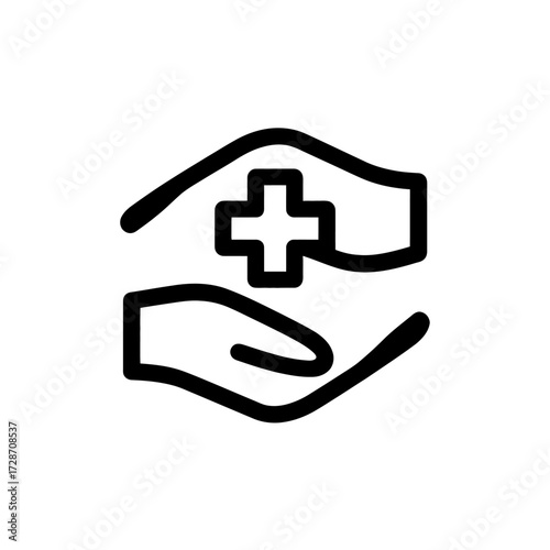 Simple black icon of two hands gently holding a cross on a clean white background