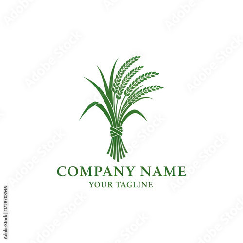 Minimalist Green Rice or Wheat Crop Bundle Logo, ideal for agriculture and food industry branding, featuring tied stalks and grain heads on a clean white background., Flat Vector Elements, Vector