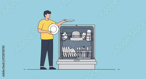 An illustration of a man loading dirty dishes into an open dishwasher, performing a household chore.
