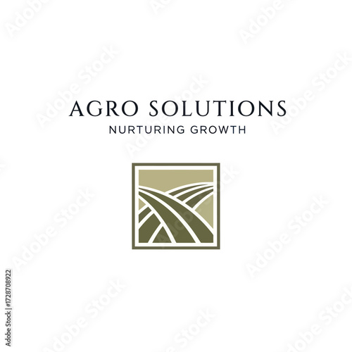 Agro Solutions Company Logo Featuring "Nurturing Growth" Slogan and Stylized Agricultural Field Emblem on a Clean White Background, Flat Vector Elements, Vector Illustration, Simple Vector, Stylized
