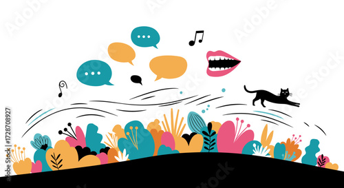 A colorful illustration of speech bubbles floating above a lush garden with a black cat running.