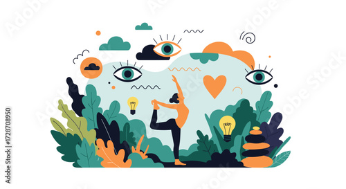 A person practicing yoga in a vibrant natural setting with symbolic elements representing mental well-being and personal growth.