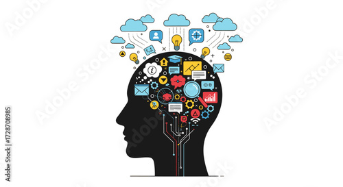 Illustration of a silhouette of a human head filled with various abstract icons representing data analysis and digital communication.