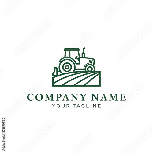 Green Art Tractor on Field Logo with Company Name and Tagline on White Background, Flat Vector Elements, Vector Illustration, Simple Vector, Stylized Vector Drawing, Vector Template, Clean Vector