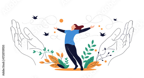 A person with outstretched arms is being cared for by large hands with plants and birds around them.