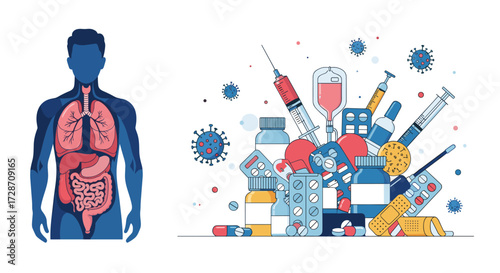 The human respiratory and digestive systems alongside a collection of medical supplies and viruses.