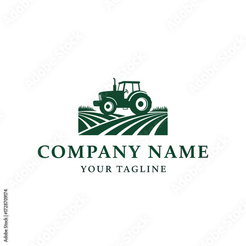 Green Tractor and Farm Field Logo for Agricultural Business Branding, Flat Vector Elements, Vector Illustration, Simple Vector, Stylized Vector Drawing, Vector Template, Clean Vector Style,