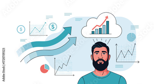 Visual representation of financial growth and economic analysis with a businessman contemplating.