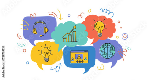 Visual representation of communication and idea sharing with colorful speech bubbles depicting various business and technology concepts.