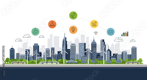 Visualizing a smart city powered by green renewable energy and advanced technology.