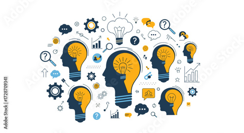 A collective intelligence illustration showcasing innovative ideas and problem solving through collaboration and critical thinking.