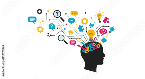 Visualizing the complex process of human thought and idea generation through interconnected symbolic elements.