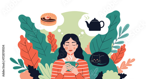 A young woman contemplates a delicious pastry and a hot cup of tea while a cat naps nearby.