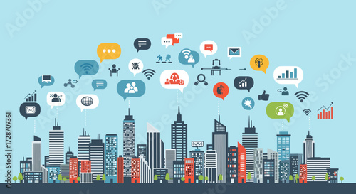 A futuristic smart city connecting people and technology with digital communication networks.