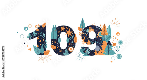 Decorative numbers one hundred nine with natural elements and festive sparks.