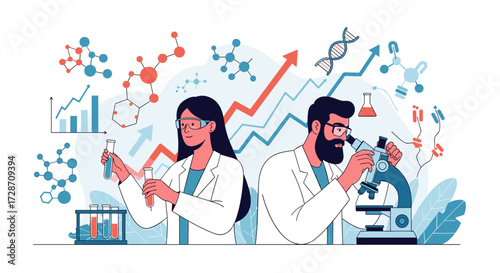 Two scientists working in a laboratory with research data and chemical structures in the background.