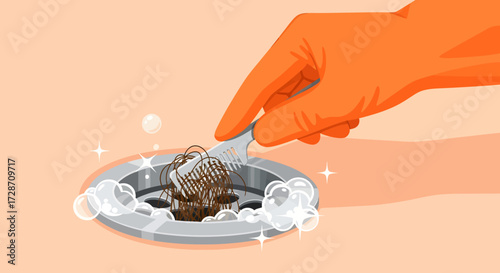 Illustration of a hand wearing an orange glove pulling hair out of a drain with a tool.