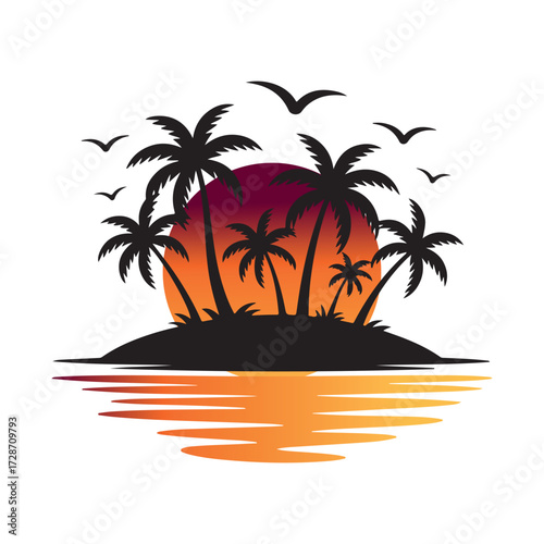 Tropical Palm Tree Sunset Vector Badge T-Shirt Design