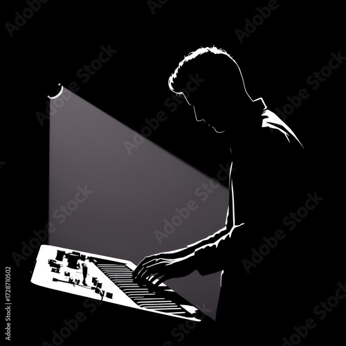 silhouette man playing on synthesizer icon template