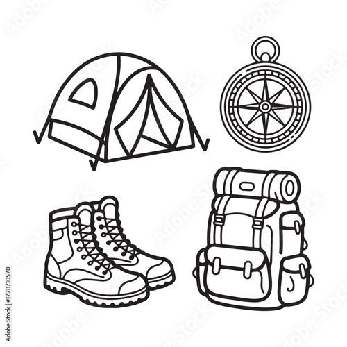 Camping and Outdoor Equipment Vector Line Art Doodle Set