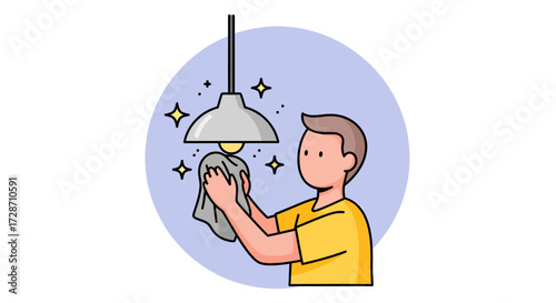 A person in a yellow shirt is cleaning a light fixture with a cloth, with sparkles indicating cleanliness.
