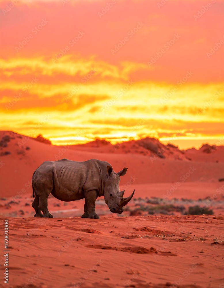 Fototapeta premium White rhino in fiery sunset desert
